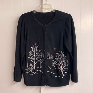 Black long sleeve button up cardigan with trees and Cardinals.
